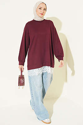 Bisiklet Yaka Etek Ucu Dantelli Tunik Bordo - Tunik