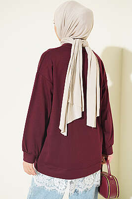 Bisiklet Yaka Etek Ucu Dantelli Tunik Bordo - Tunik
