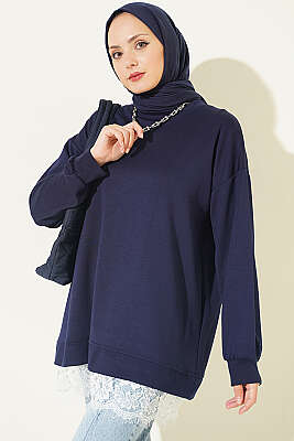Bisiklet Yaka Etek Ucu Dantelli Tunik Lacivert - NEVA MODA