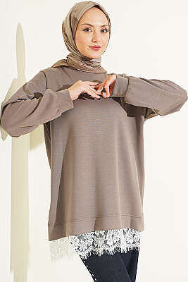 Bisiklet Yaka Etek Ucu Dantelli Tunik Vizon - NEVA MODA