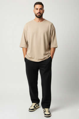 Bisiklet Yaka Fakir Kollu T-shirt Bej - Erkek T-shirt