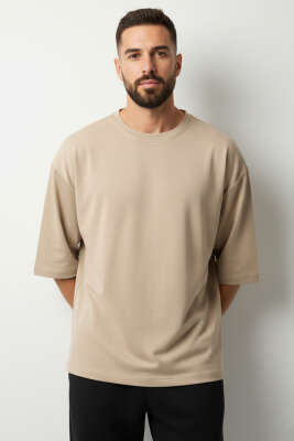 Bisiklet Yaka Fakir Kollu T-shirt Bej - FRESHMAN