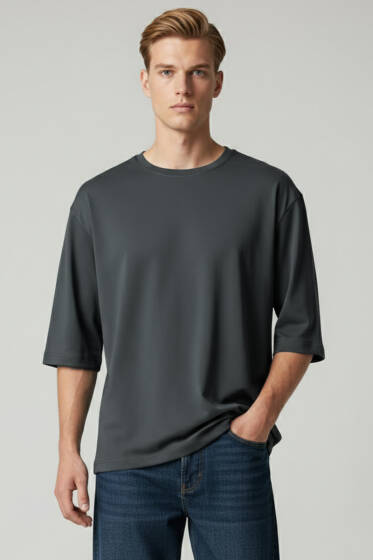 Bisiklet Yaka Fakir Kollu T-shirt Füme - Erkek Bisiklet Yaka Tişört