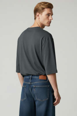 Bisiklet Yaka Fakir Kollu T-shirt Füme - Erkek T-shirt