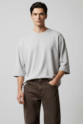 Bisiklet Yaka Fakir Kollu T-shirt Gri - FRESHMAN