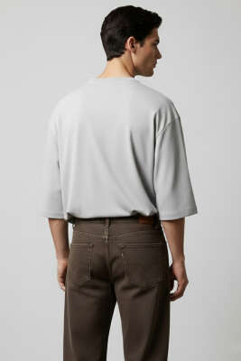 Bisiklet Yaka Fakir Kollu T-shirt Gri - Erkek T-shirt