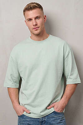 Bisiklet Yaka Fakir Kollu T-shirt Su Yeşili 