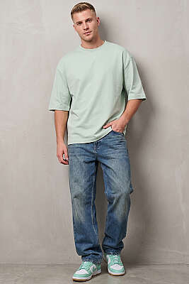 Bisiklet Yaka Fakir Kollu T-shirt Su Yeşili - Erkek T-shirt