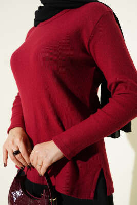 Bisiklet Yaka Fitilli Bluz Bordo - Bluz