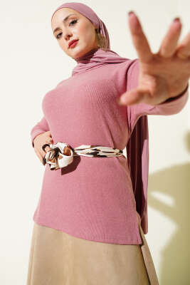 Bisiklet Yaka Fitilli Bluz Gül Kurusu 