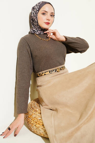 Bisiklet Yaka Fitilli Bluz Kahve - Bluz