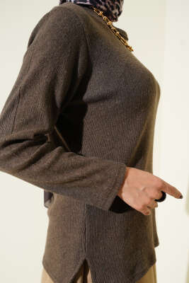 Bisiklet Yaka Fitilli Bluz Kahve - Bluz