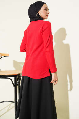 Bisiklet Yaka Fitilli Bluz Kırmızı - Bluz