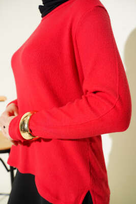 Bisiklet Yaka Fitilli Bluz Kırmızı - Bluz