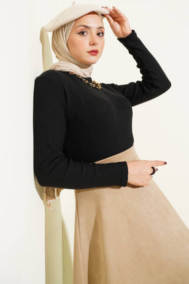 Bisiklet Yaka Fitilli Bluz Siyah - Bluz