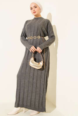 Bisiklet Yaka Fitilli Triko Elbise Antrasit 