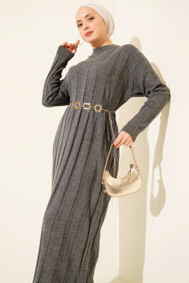 Bisiklet Yaka Fitilli Triko Elbise Antrasit - Elbise