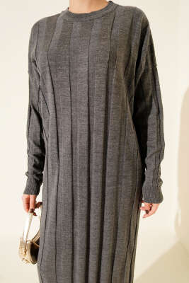 Bisiklet Yaka Fitilli Triko Elbise Antrasit - Elbise