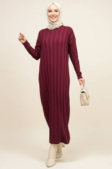 Bisiklet Yaka Fitilli Triko Elbise Bordo - Elbise