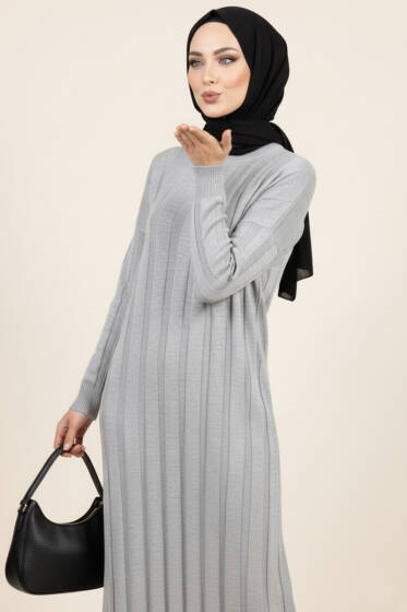 Bisiklet Yaka Fitilli Triko Elbise Gri - Elbise