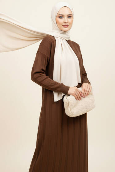 Bisiklet Yaka Fitilli Triko Elbise Kahve - Elbise