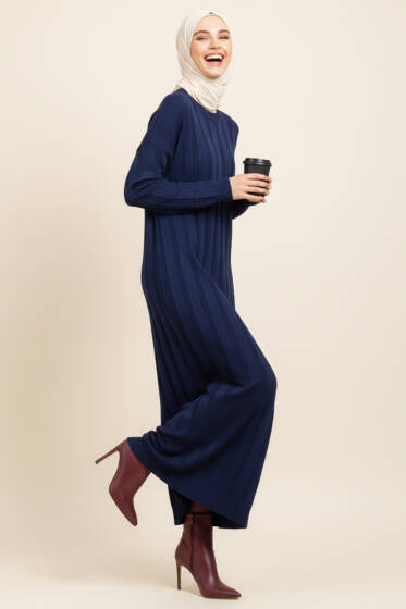 Bisiklet Yaka Fitilli Triko Elbise Lacivert - Elbise
