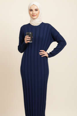 Bisiklet Yaka Fitilli Triko Elbise Lacivert - Elbise