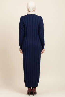 Bisiklet Yaka Fitilli Triko Elbise Lacivert - Elbise