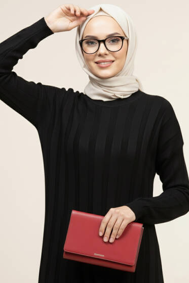 Bisiklet Yaka Fitilli Triko Elbise Siyah - Elbise