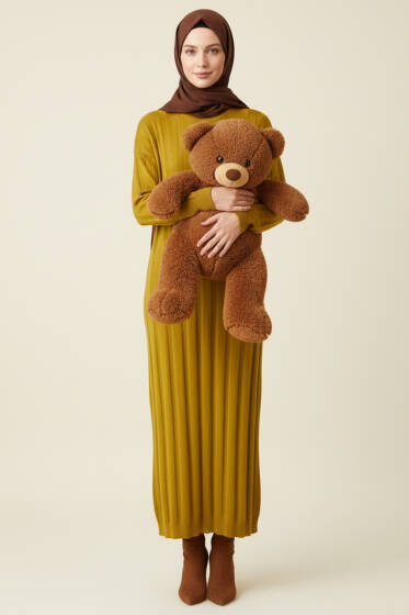 Bisiklet Yaka Fitilli Triko Elbise Yağ Yeşili - Elbise