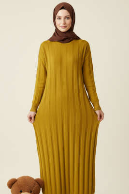 Bisiklet Yaka Fitilli Triko Elbise Yağ Yeşili - Yılın Fırsatı