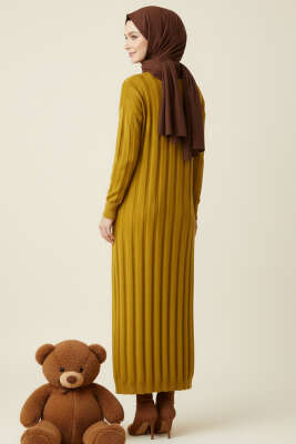 Bisiklet Yaka Fitilli Triko Elbise Yağ Yeşili - Yılın Fırsatı