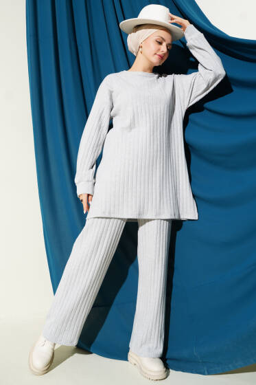 Bisiklet Yaka Fitilli Triko İkili Takım Gri - İkili Takım