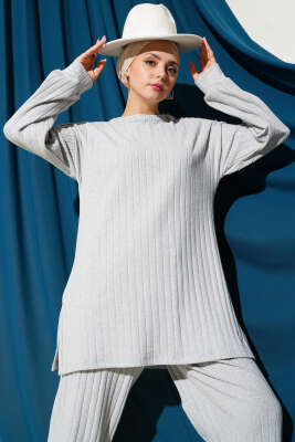 Bisiklet Yaka Fitilli Triko İkili Takım Gri - İkili Takım