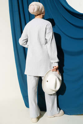 Bisiklet Yaka Fitilli Triko İkili Takım Gri - İkili Takım