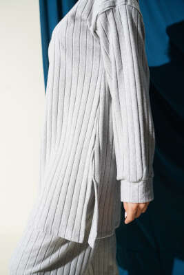 Bisiklet Yaka Fitilli Triko İkili Takım Gri - İkili Takım