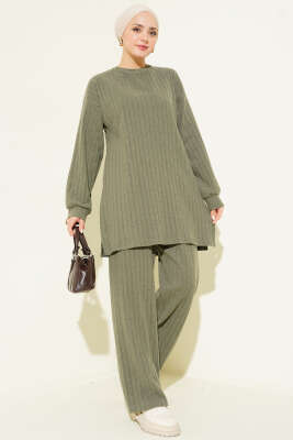 Bisiklet Yaka Fitilli Triko İkili Takım Haki - NESSİA