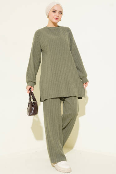 Bisiklet Yaka Fitilli Triko İkili Takım Haki - İkili Takım
