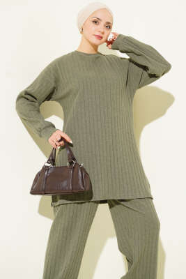 Bisiklet Yaka Fitilli Triko İkili Takım Haki - İkili Takım