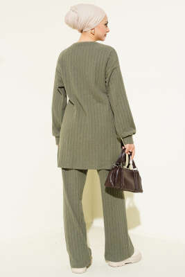 Bisiklet Yaka Fitilli Triko İkili Takım Haki - İkili Takım