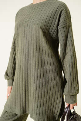 Bisiklet Yaka Fitilli Triko İkili Takım Haki - İkili Takım