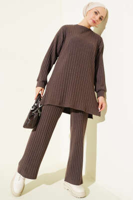 Bisiklet Yaka Fitilli Triko İkili Takım Kahve - NESSİA