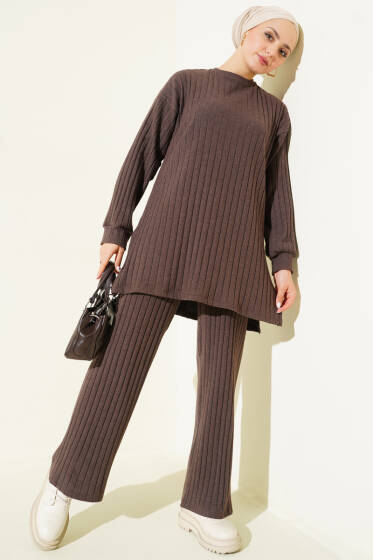 Bisiklet Yaka Fitilli Triko İkili Takım Kahve - İkili Takım