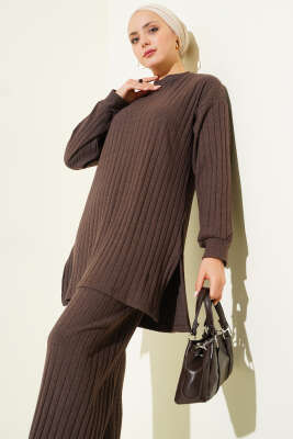 Bisiklet Yaka Fitilli Triko İkili Takım Kahve - İkili Takım