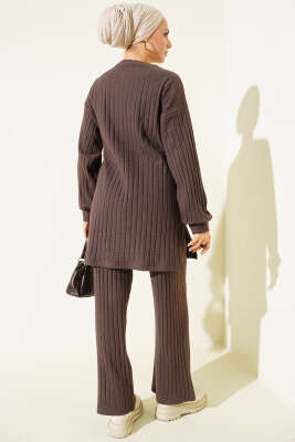 Bisiklet Yaka Fitilli Triko İkili Takım Kahve - İkili Takım