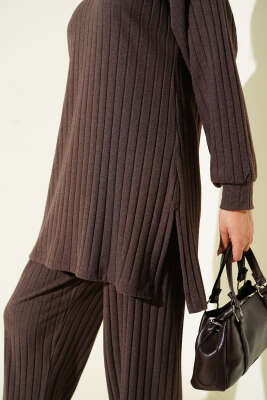 Bisiklet Yaka Fitilli Triko İkili Takım Kahve - İkili Takım