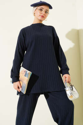 Bisiklet Yaka Fitilli Triko İkili Takım Lacivert - NESSİA