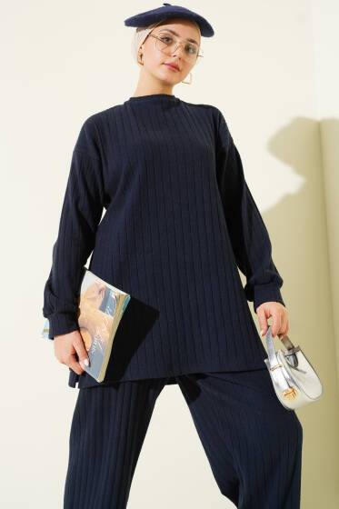 Bisiklet Yaka Fitilli Triko İkili Takım Lacivert - İkili Takım