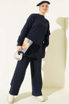 Bisiklet Yaka Fitilli Triko İkili Takım Lacivert - İkili Takım