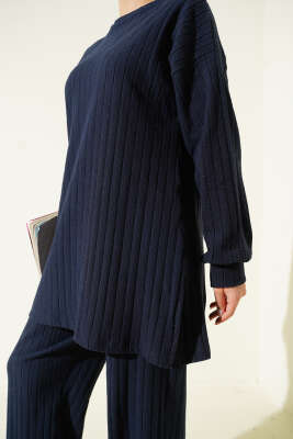 Bisiklet Yaka Fitilli Triko İkili Takım Lacivert - İkili Takım